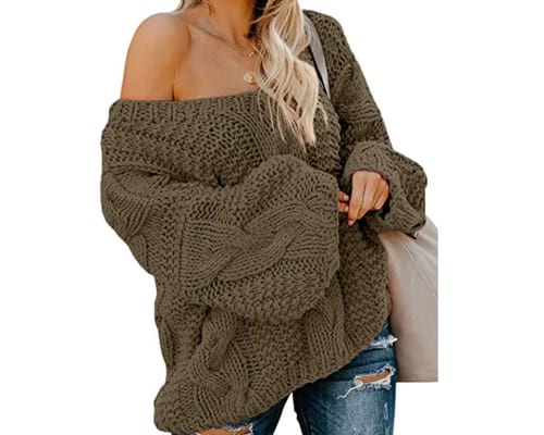 Astylish Womens Sexy Long Sleeve Off Shoulder Loose Cable Knit Pullover Sweater