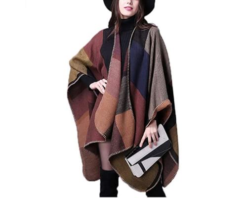 Epsion Womens Color Block Shawl Wrap Plus Size Cardigan Poncho Cape Open Front Long Winter Sweater Coat