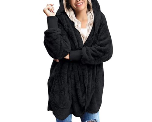 Yanekop Womens Fuzzy Fleece Open Front Hooded Cardigan