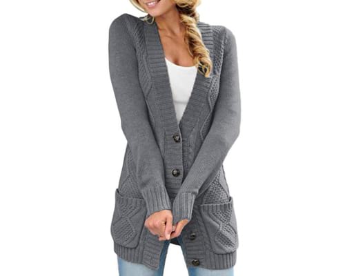 luvamia Womens Long Sleeve Open Front Buttons Cable Knit Pocket Sweater Cardigan