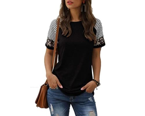 Adibosy Womens Short Sleeve Tops Leopard Color Block T Shirt