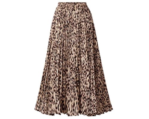 CHARTOU Womens Chic Elastic High Waisted A Line Leopard Print Pleated Shirring Midi-Long Skirt