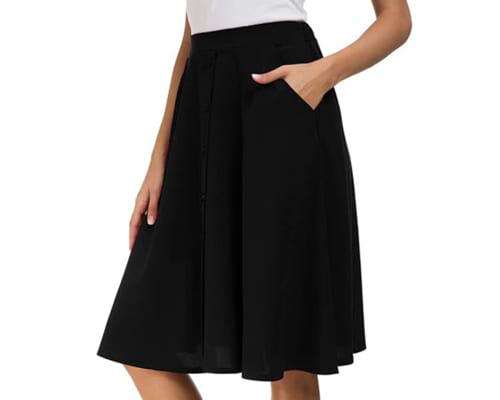 Afibi Womens High Waisted A Line Pleated Midi Skirt Button Front Skirts with Pocket