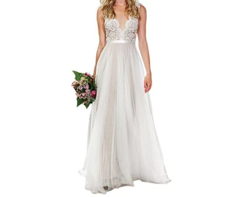 Ikerenwedding Womens V-Neck A-line Lace Tulle Long Beach Wedding Dresses